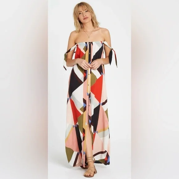 Billabong Rainbow Gate Maxi Boho Beachy Geometric Flowy Resort Dress Size M - Picture 3 of 12